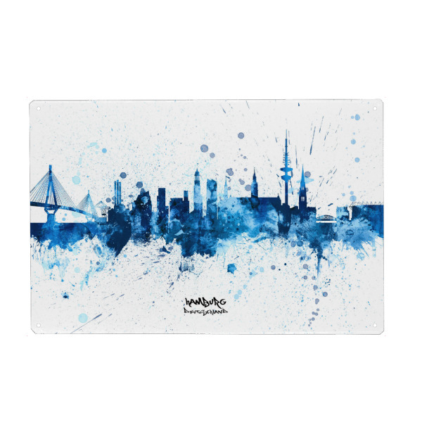 Holzbild "Hamburg Germany Skyline SplashBlue" artboxONE - Städte,Städte / Hamburg - Hamburg,Germany,Skyline,Cityscape,Stadtbild,Watercolor,City