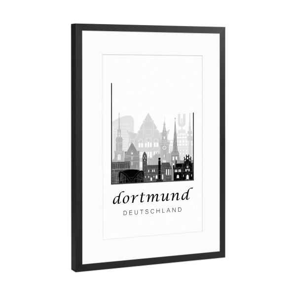 Poster mit Rahmen Schwarz (Metallic) "Dortmund skyline black & white" artboxONE - Städte,Schwarzweiß,Architektur