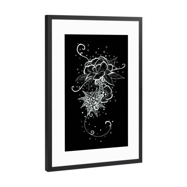 Poster mit Rahmen Schwarz (Metallic) "Abstract Rose Tattoo" artboxONE - Floral,Abstrakt,Schwarzweiß