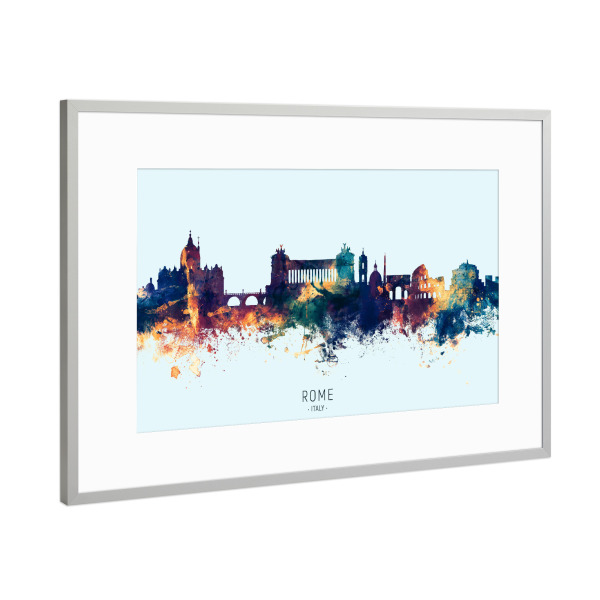 Poster mit Rahmen Silber "Rome Italy Skyline BlueOrange" artboxONE - Städte,Städte / Rom
