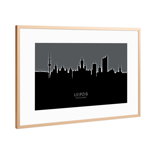 Poster mit Rahmen Kupfer "Leipzig Germany Skyline Glow White" artboxONE - Städte,Schwarzweiß