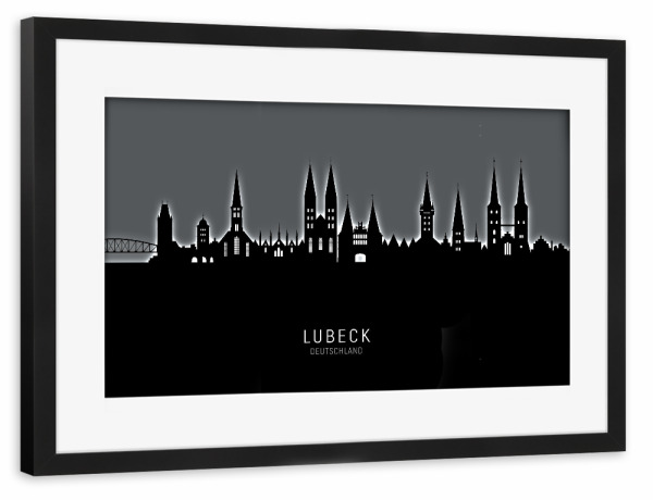 Poster mit Rahmen schwarz "Lubeck Germany Skyline Glow White" artboxONE - Städte,Schwarzweiß