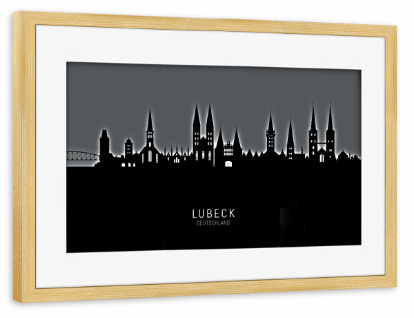 Poster mit Rahmen kiefer "Lubeck Germany Skyline Glow White" artboxONE - Städte,Schwarzweiß