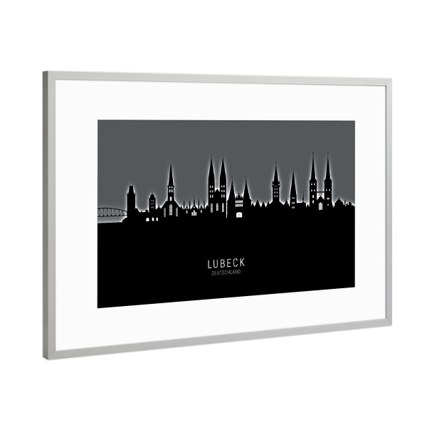Poster mit Rahmen Silber "Lubeck Germany Skyline Glow White" artboxONE - Städte,Schwarzweiß
