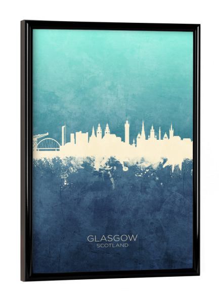 Poster mit schwarzem Rahmen "Glasgow Scotland Skyline NavyCyan" artboxONE - Städte
