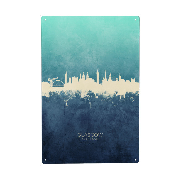Holzbild "Glasgow Scotland Skyline NavyCyan" artboxONE - Städte
