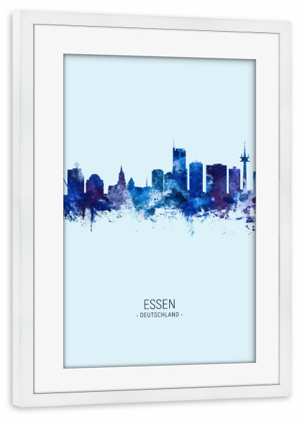 Poster mit Rahmen weiß "Essen Germany Skyline Dark Blue" artboxONE - Städte