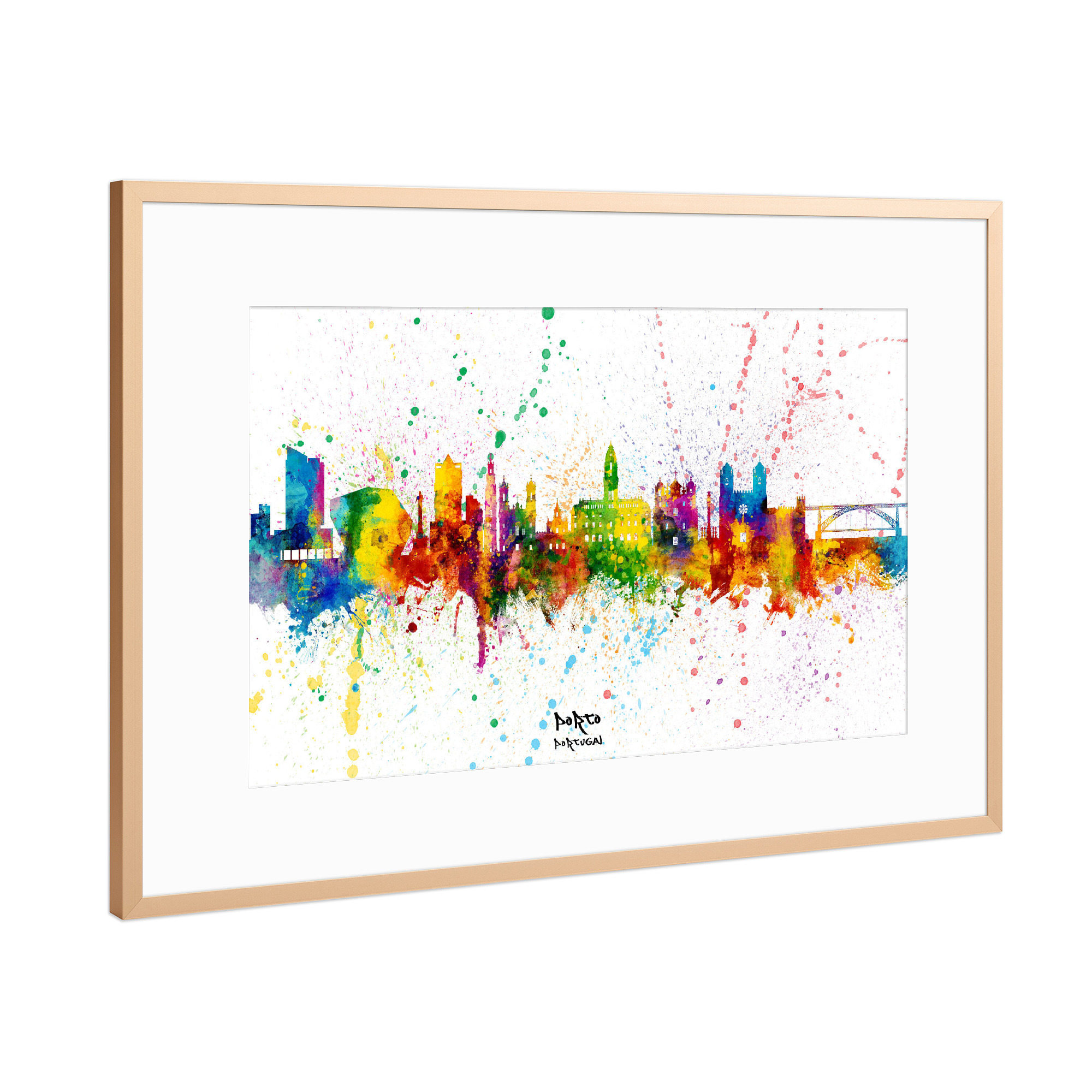 Poster mit Rahmen Kupfer "Porto Portugal Skyline Splash" artboxONE - Städte
