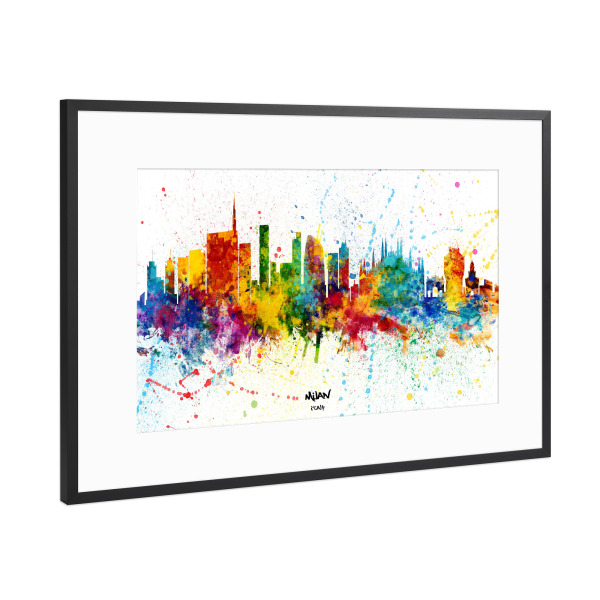 Poster mit Rahmen Schwarz (Metallic) "Milan Italy Skyline Splash" artboxONE - Städte