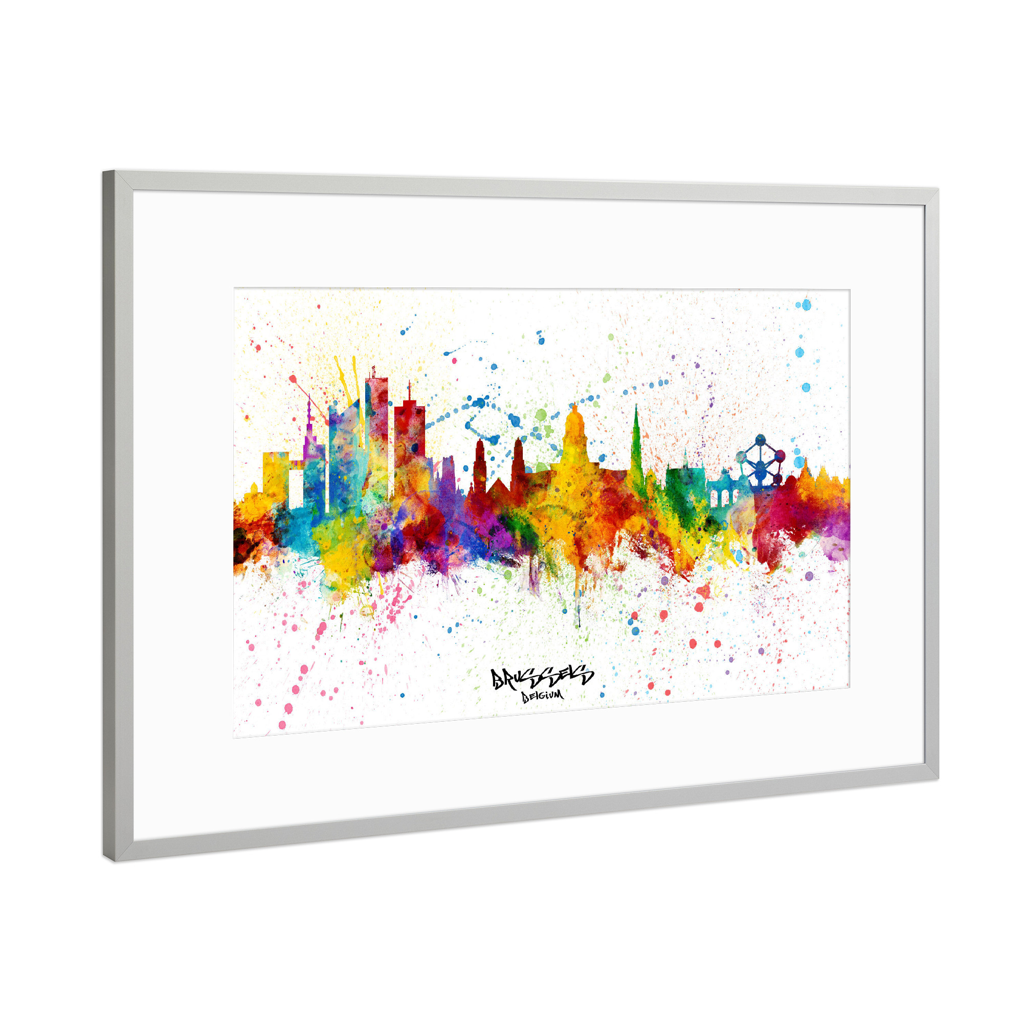 Poster mit Rahmen Silber "Brussels Belgium Skyline Splash" artboxONE - Städte