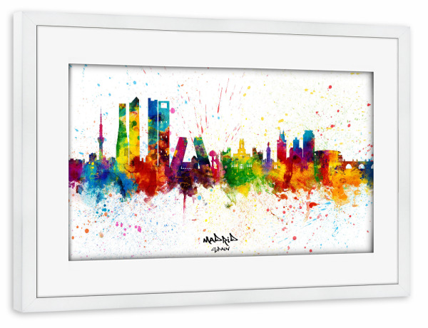 Poster mit Rahmen weiß "Madrid Spain Skyline Splash" artboxONE - Städte