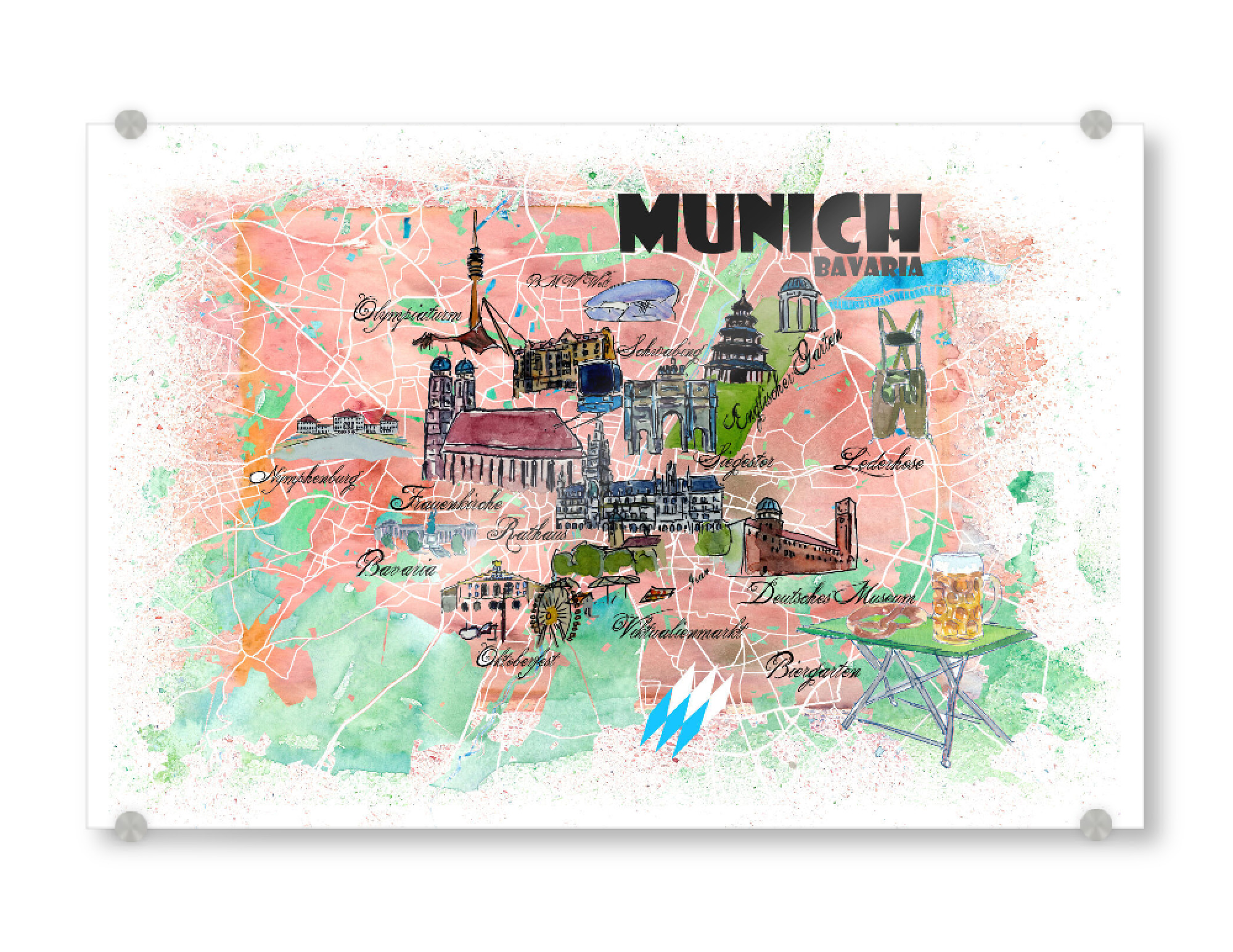 Acrylglasbild "München Bayern Illustrierte Karte" artboxONE - Städte,Städte / München,Reise,Kartografie