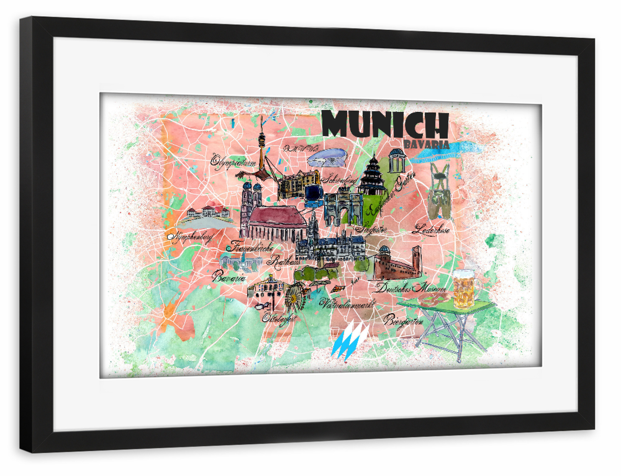 Poster mit Rahmen schwarz "München Bayern Illustrierte Karte" artboxONE - Städte,Städte / München,Reise,Kartografie