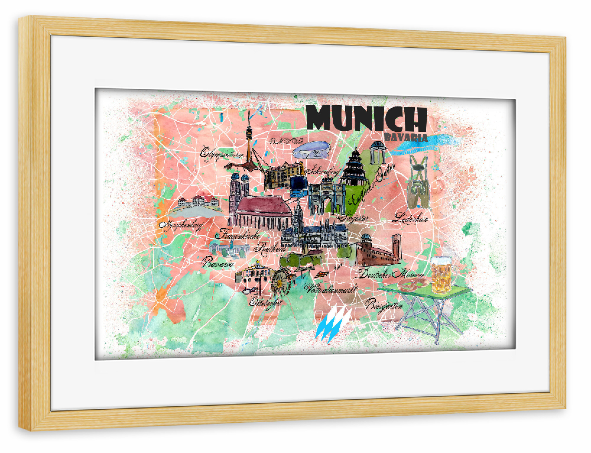 Poster mit Rahmen kiefer "München Bayern Illustrierte Karte" artboxONE - Städte,Städte / München,Reise,Kartografie