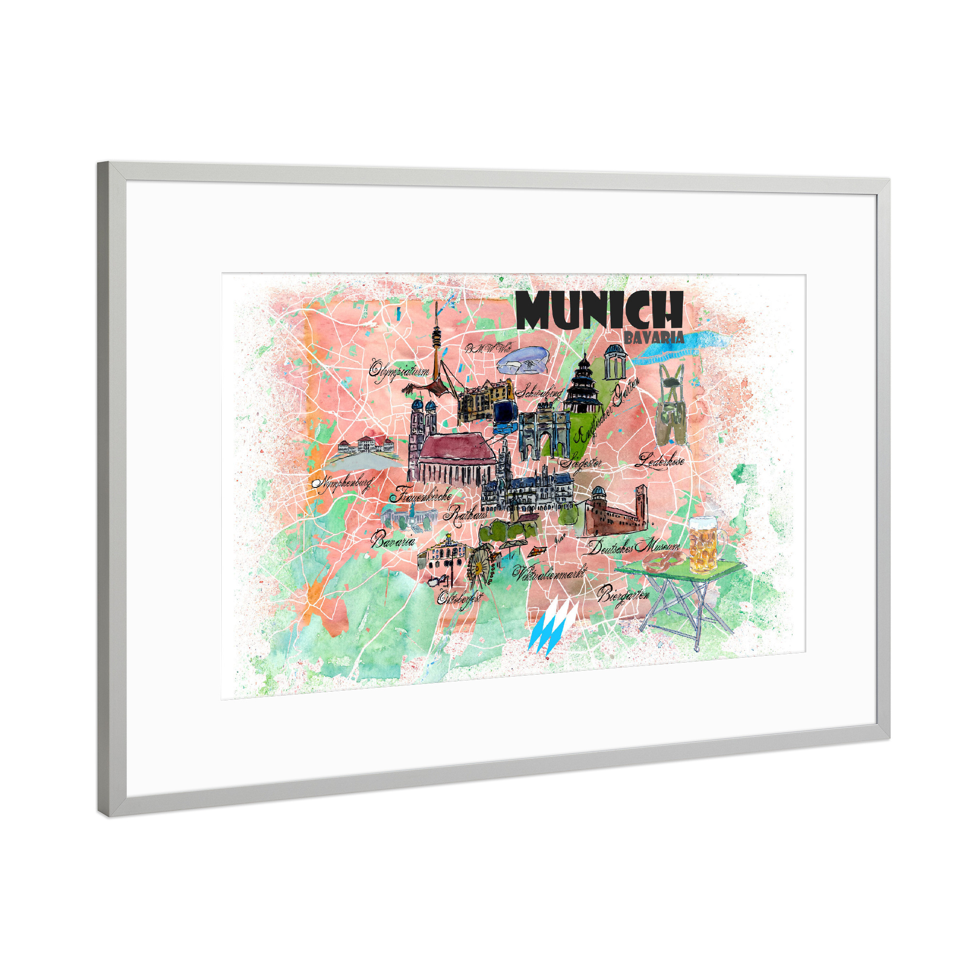 Poster mit Rahmen Silber "München Bayern Illustrierte Karte" artboxONE - Städte,Städte / München,Reise,Kartografie