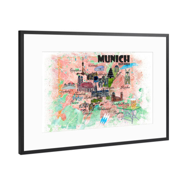 Poster mit Rahmen Schwarz (Metallic) "München Bayern Illustrierte Karte" artboxONE - Städte,Städte / München,Reise,Kartografie