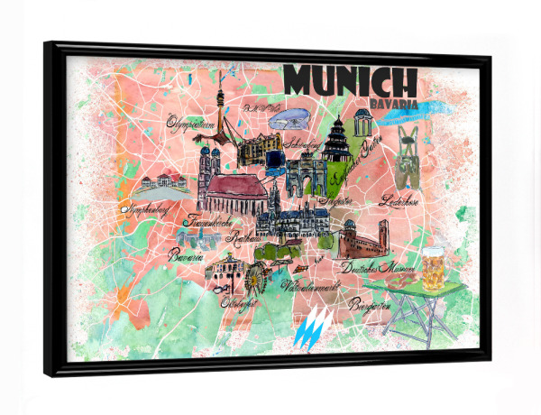 Poster mit schwarzem Rahmen "München Bayern Illustrierte Karte" artboxONE - Städte,Städte / München,Reise,Kartografie