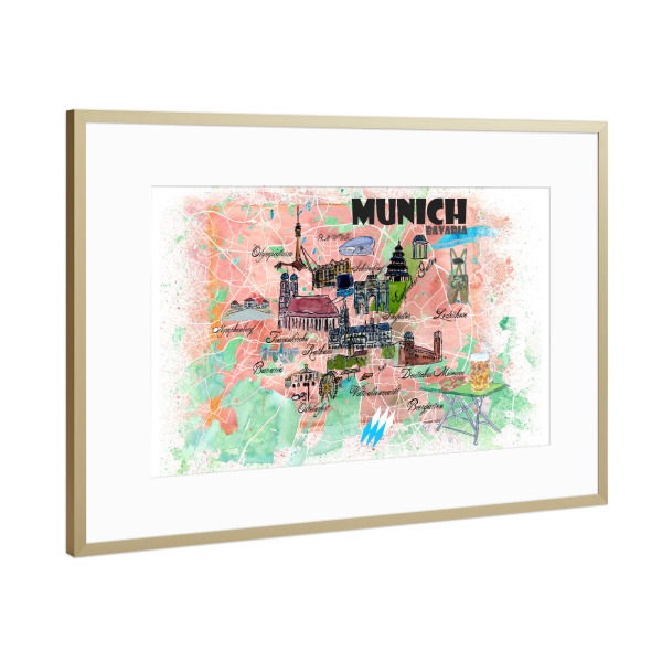 Poster mit Rahmen Gold "München Bayern Illustrierte Karte" artboxONE - Städte,Städte / München,Reise,Kartografie