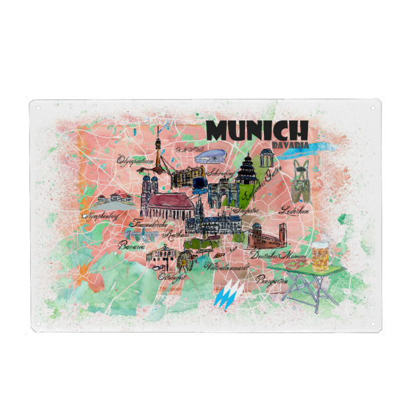 Holzbild "München Bayern Illustrierte Karte" artboxONE - Städte,Städte / München,Reise,Kartografie