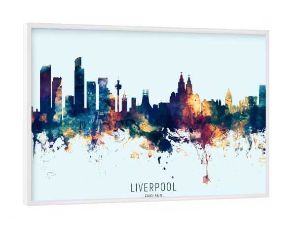 Poster mit weißem Rahmen "Liverpool Skyline BlueOrange" artboxONE - Städte