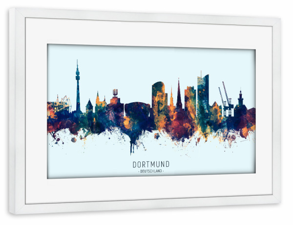 Poster mit Rahmen weiß "Dortmund Skyline BlueOrange" artboxONE - Städte