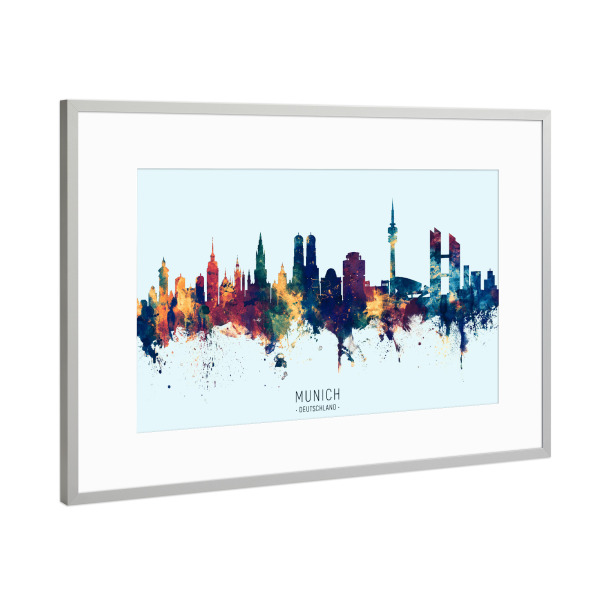 Poster mit Rahmen Silber "Munich Germany Skyline BlueOrange" artboxONE - Städte,Städte / München