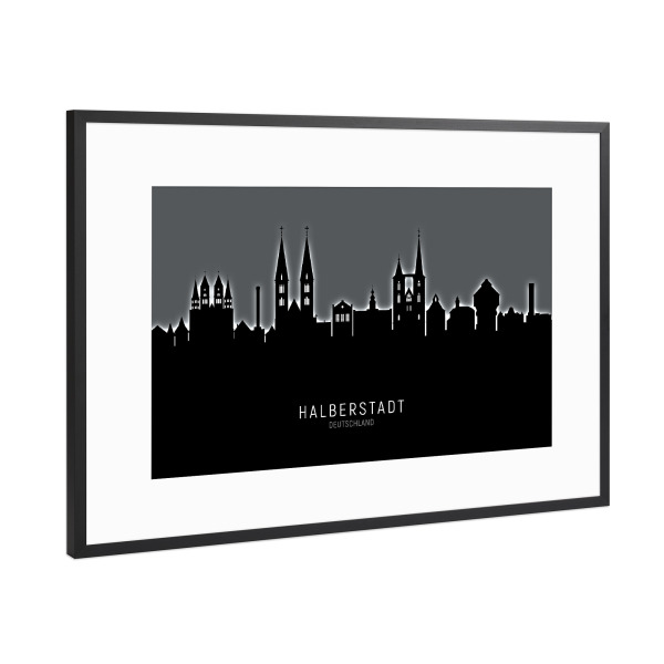 Poster mit Rahmen Schwarz (Metallic) "Halberstadt Skyline Glow White" artboxONE - Städte,Schwarzweiß