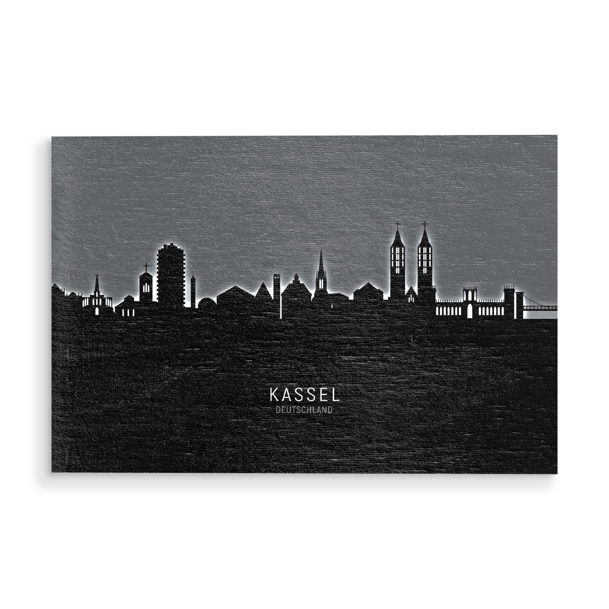 Holzbild "Kassel Germany Skyline Glow White" artboxONE - Städte,Schwarzweiß