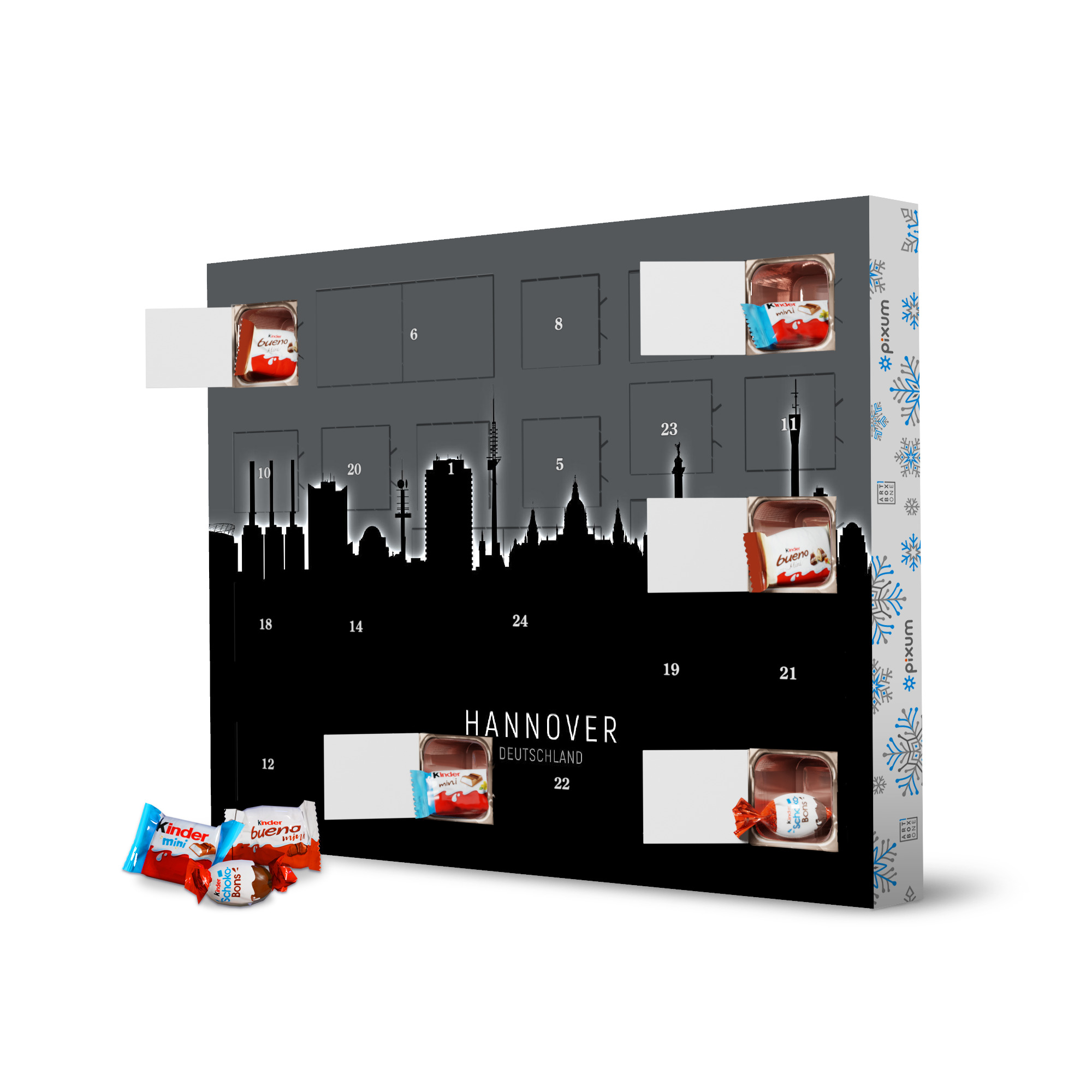 Adventskalender XXL mit Produkten von Kinder Hannover Skyline Glow White artboxONE Adventskalender Städte