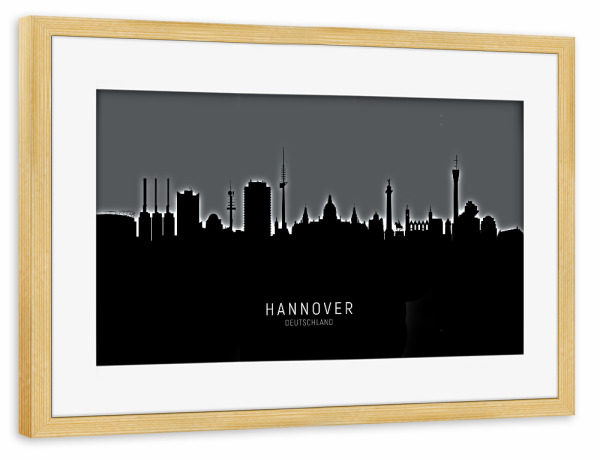 Poster mit Rahmen kiefer "Hannover Skyline Glow White" artboxONE - Städte,Schwarzweiß