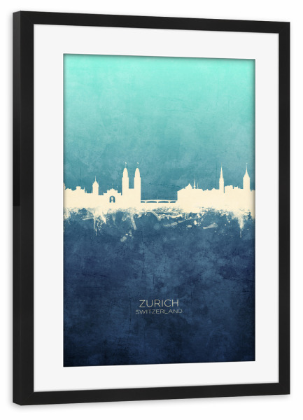 Poster mit Rahmen schwarz "Zurich Skyline NavyCyan" artboxONE - Städte,Städte / Zürich