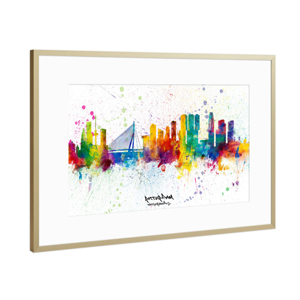Poster mit Rahmen Gold "Rotterdam Skyline Splash" artboxONE - Städte