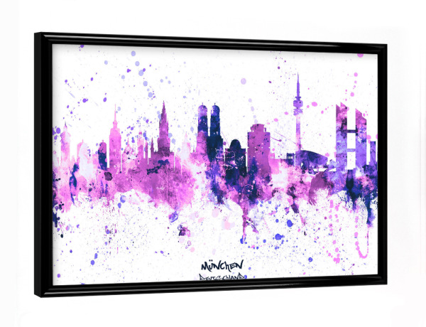 Poster mit schwarzem Rahmen "Munich Germany Skyline PurplePink" artboxONE - Städte,Städte / München
