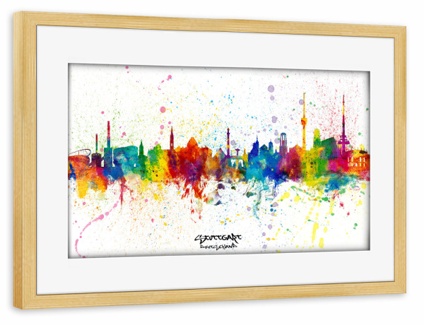 Poster mit Rahmen kiefer "Stuttgart Germany Skyline Splash" artboxONE - Städte,Städte / Stuttgart