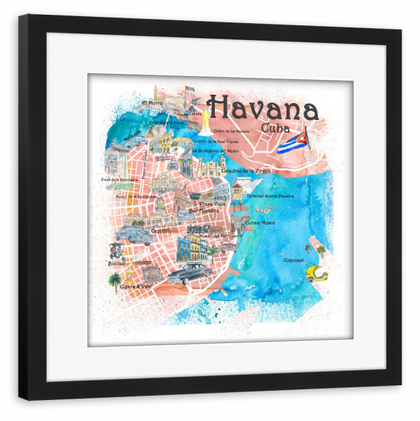 Poster mit Rahmen schwarz "Havanna Kuba Illustrierte Karte" artboxONE - Kartografie