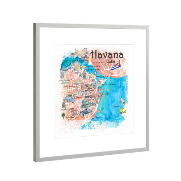 Poster mit Rahmen Silber "Havanna Kuba Illustrierte Karte" artboxONE - Kartografie