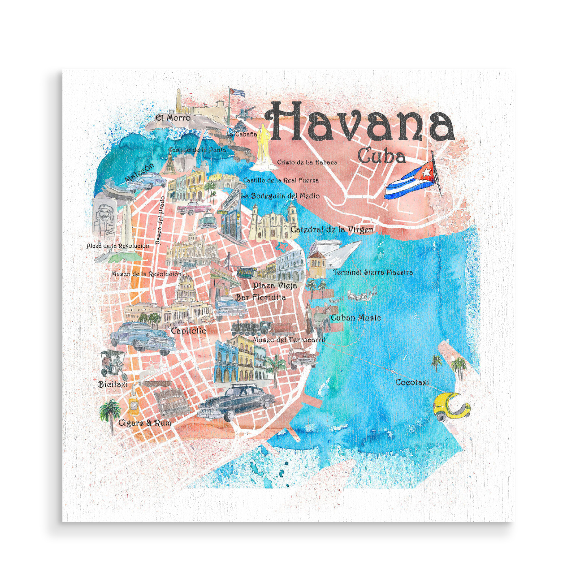 Holzbild "Havanna Kuba Illustrierte Karte" artboxONE - Kartografie