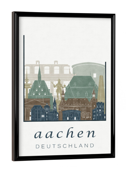 Poster mit schwarzem Rahmen "Aachen skyline light blue" artboxONE - Städte,Architektur