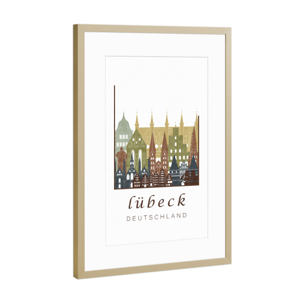 Poster mit Rahmen Gold "Lubeck skyline light brown" artboxONE - Städte,Architektur