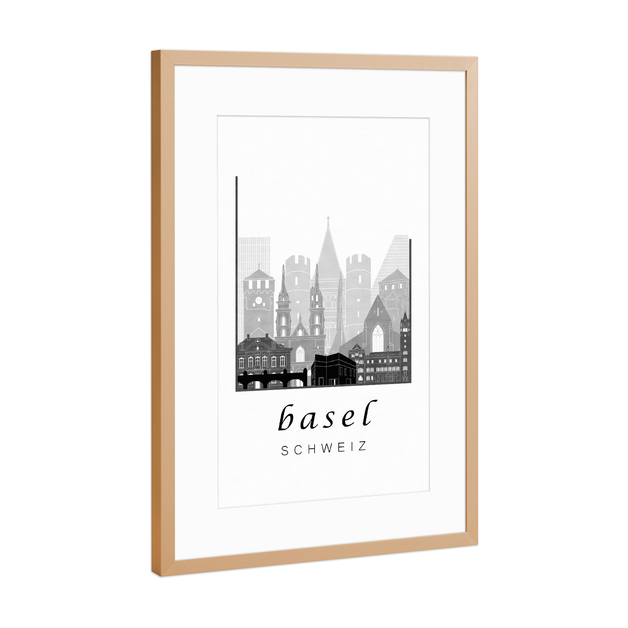 Poster mit Rahmen Kupfer "Basel skyline black & white" artboxONE - Städte,Schwarzweiß,Architektur