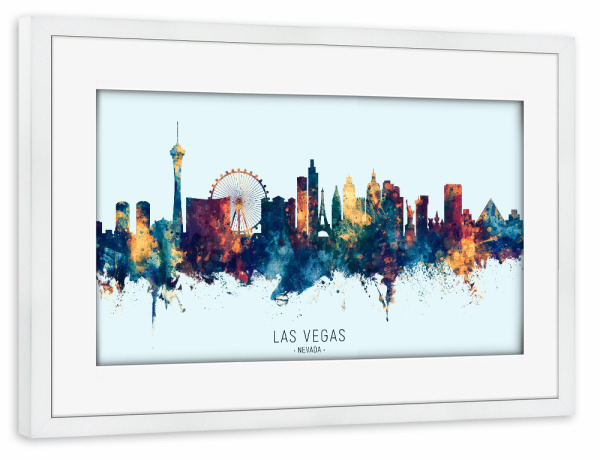 Poster mit Rahmen weiß "Las Vegas Skyline BlueOrange" artboxONE - Städte / Las Vegas