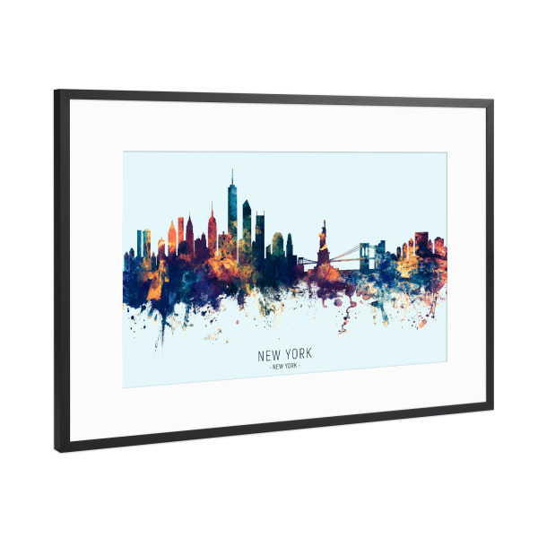 Poster mit Rahmen Schwarz (Metallic) "New York Skyline BlueOrange" artboxONE - Städte,Städte / New York