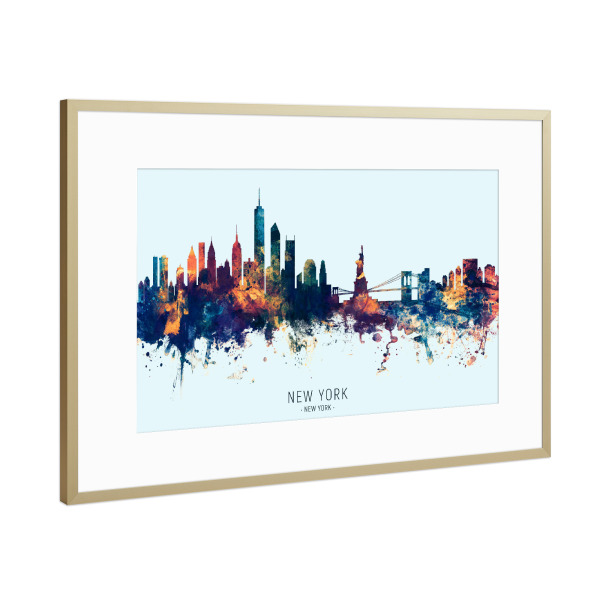 Poster mit Rahmen Gold "New York Skyline BlueOrange" artboxONE - Städte,Städte / New York
