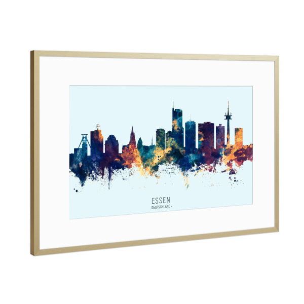 Poster mit Rahmen Gold "Essen Germany Skyline BlueOrange" artboxONE - Städte