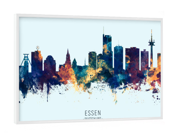 Poster mit weißem Rahmen "Essen Germany Skyline BlueOrange" artboxONE - Städte