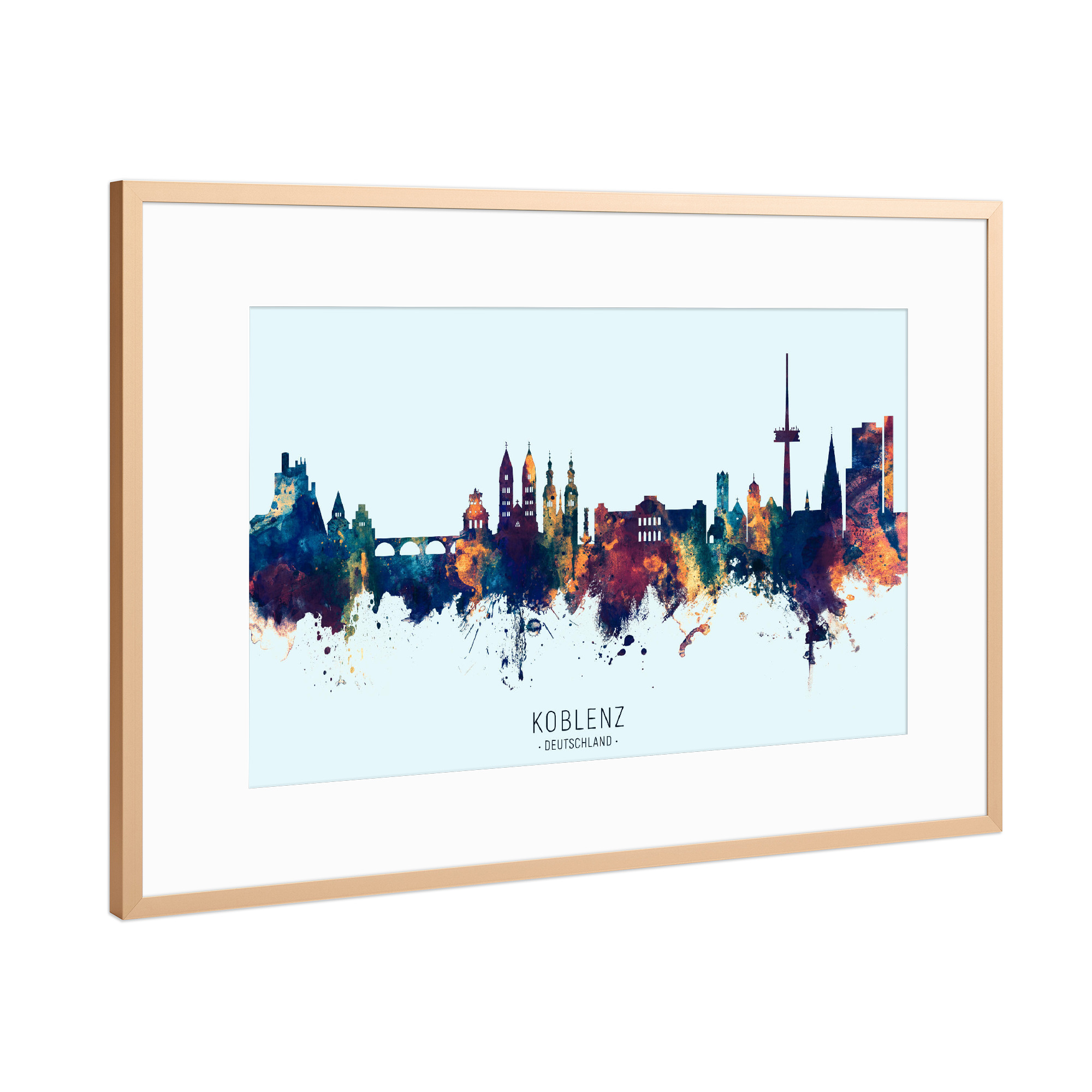 Poster mit Rahmen Kupfer "Koblenz Germany Skyline BlueOrange" artboxONE - Städte