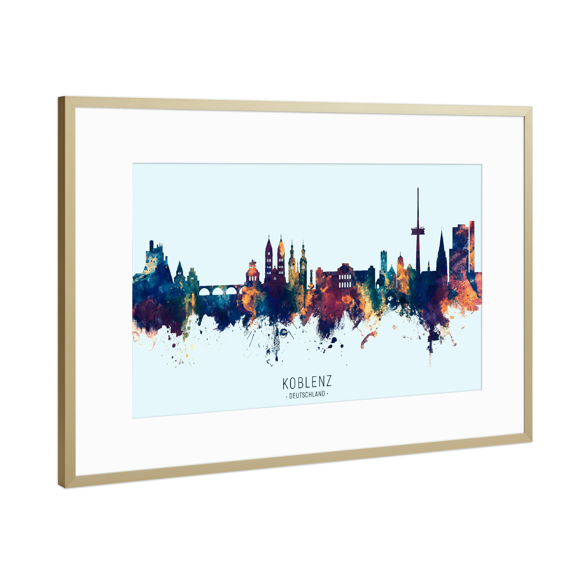 Poster mit Rahmen Gold "Koblenz Germany Skyline BlueOrange" artboxONE - Städte