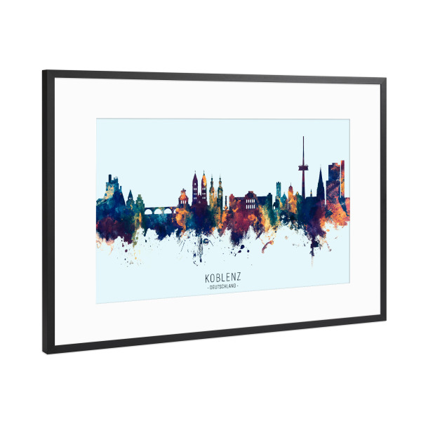 Poster mit Rahmen Schwarz (Metallic) "Koblenz Germany Skyline BlueOrange" artboxONE - Städte