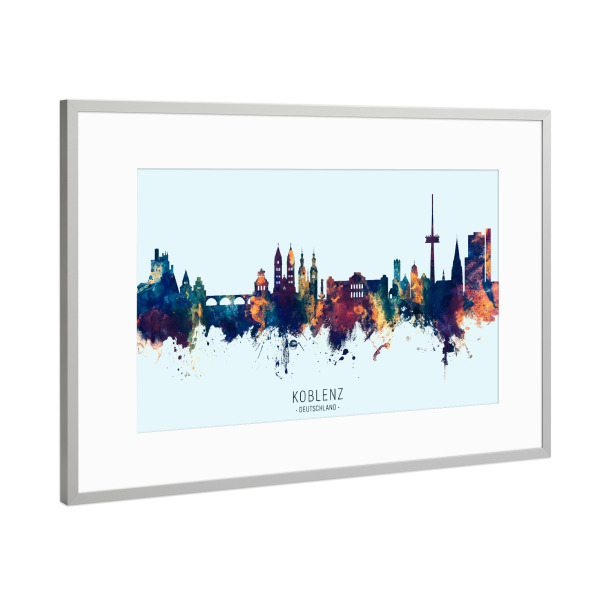 Poster mit Rahmen Silber "Koblenz Germany Skyline BlueOrange" artboxONE - Städte