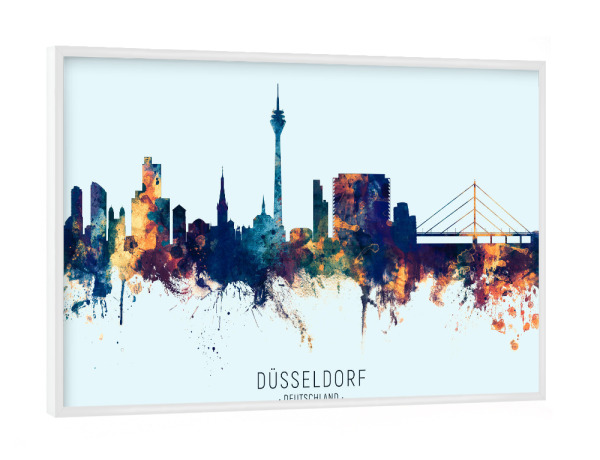 Poster mit weißem Rahmen "Düsseldorf Skyline BlueOrange" artboxONE - Städte,Städte / Düsseldorf